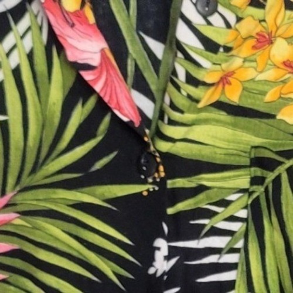 VTG California Connection Tropical Floral Button Up Shirt Black Hibiscus Palm L